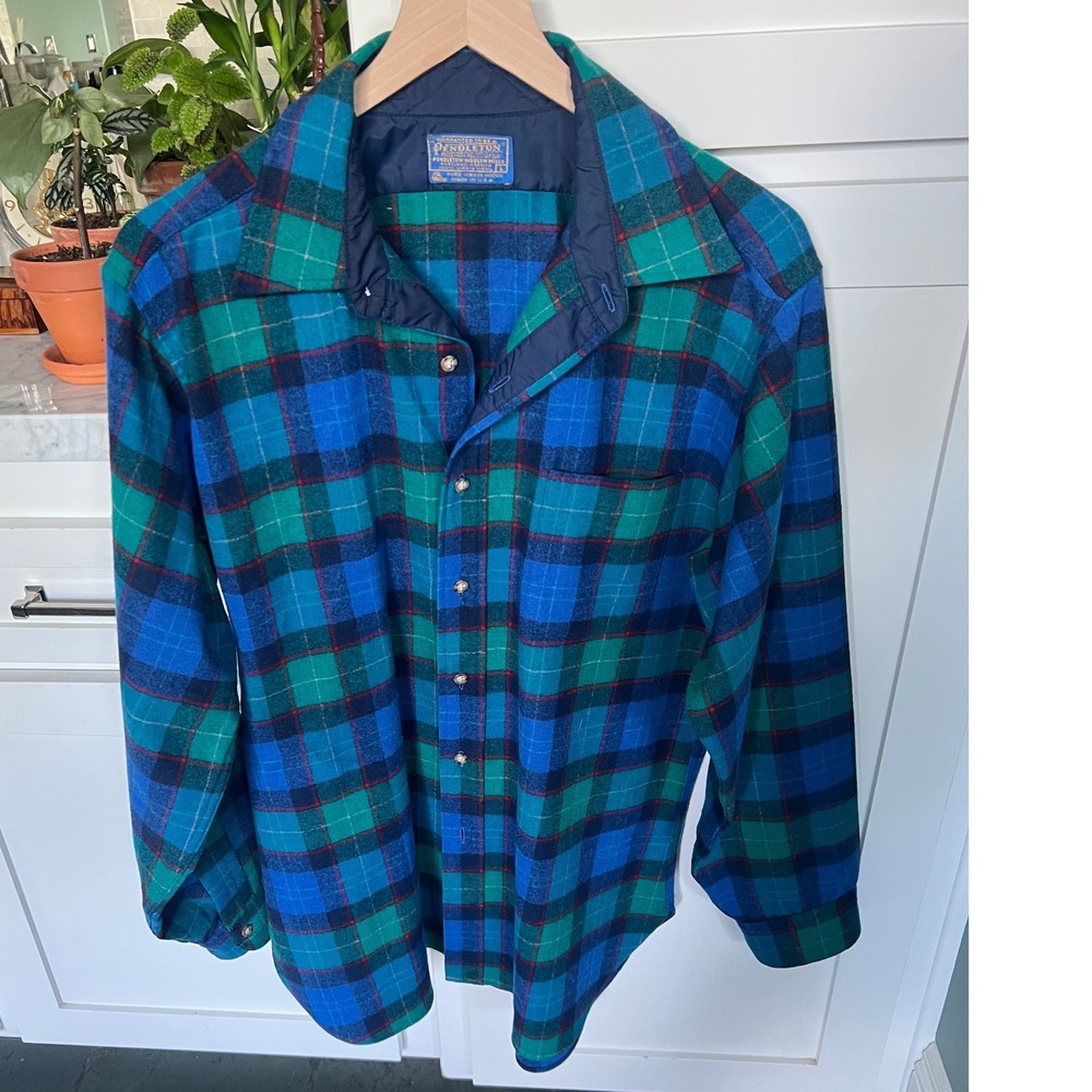 Pendleton Board Shirt Mens Large Blue Green Plaid 100% Virgin Wool Vintage USA